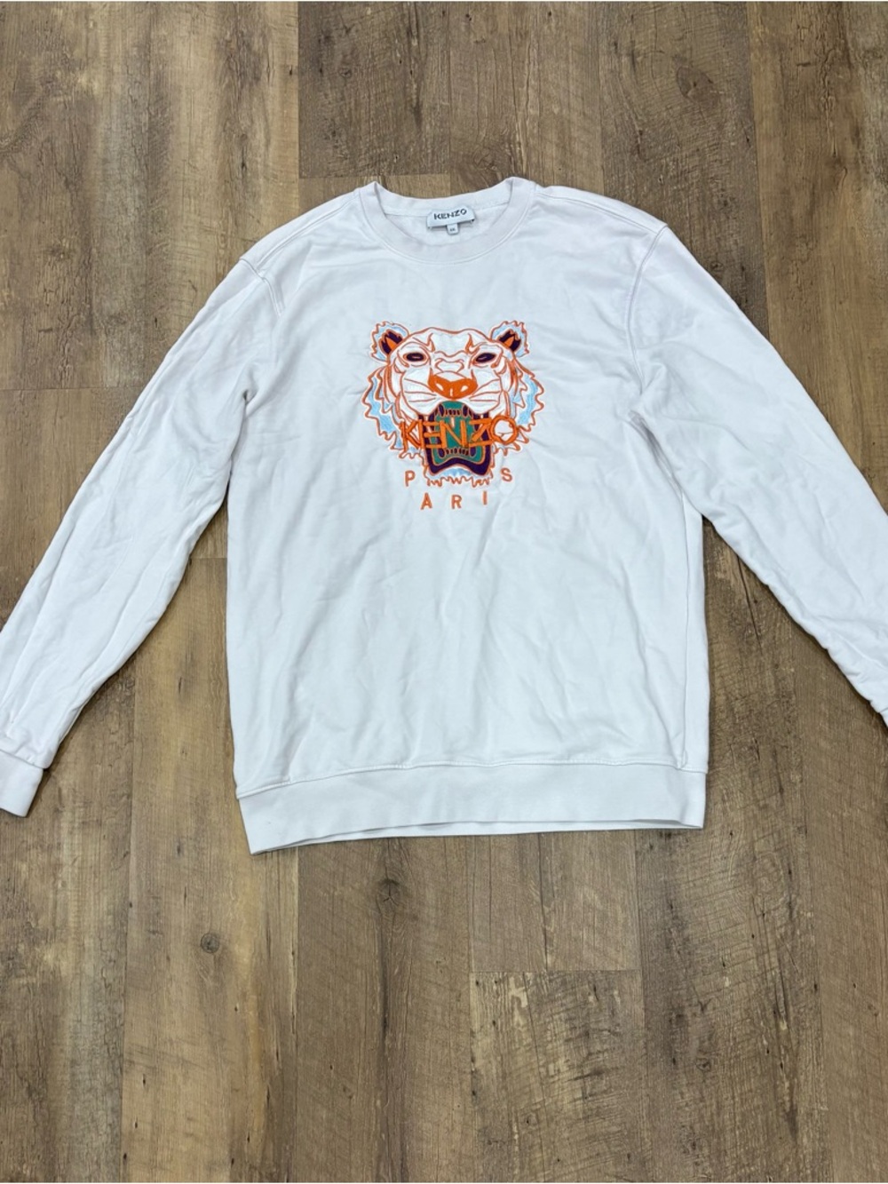 Kenzo White Crewneck Sweatshirt with Orange & Blue Tiger Embroidery